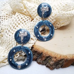 Blue Dangle Cow Girl Rodeo Horse Saddle Western Rhinestone Faux Pearl Earrings